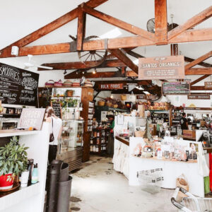 Inside the store showing different displays at Santos Organics Warehouse, Byron Bay